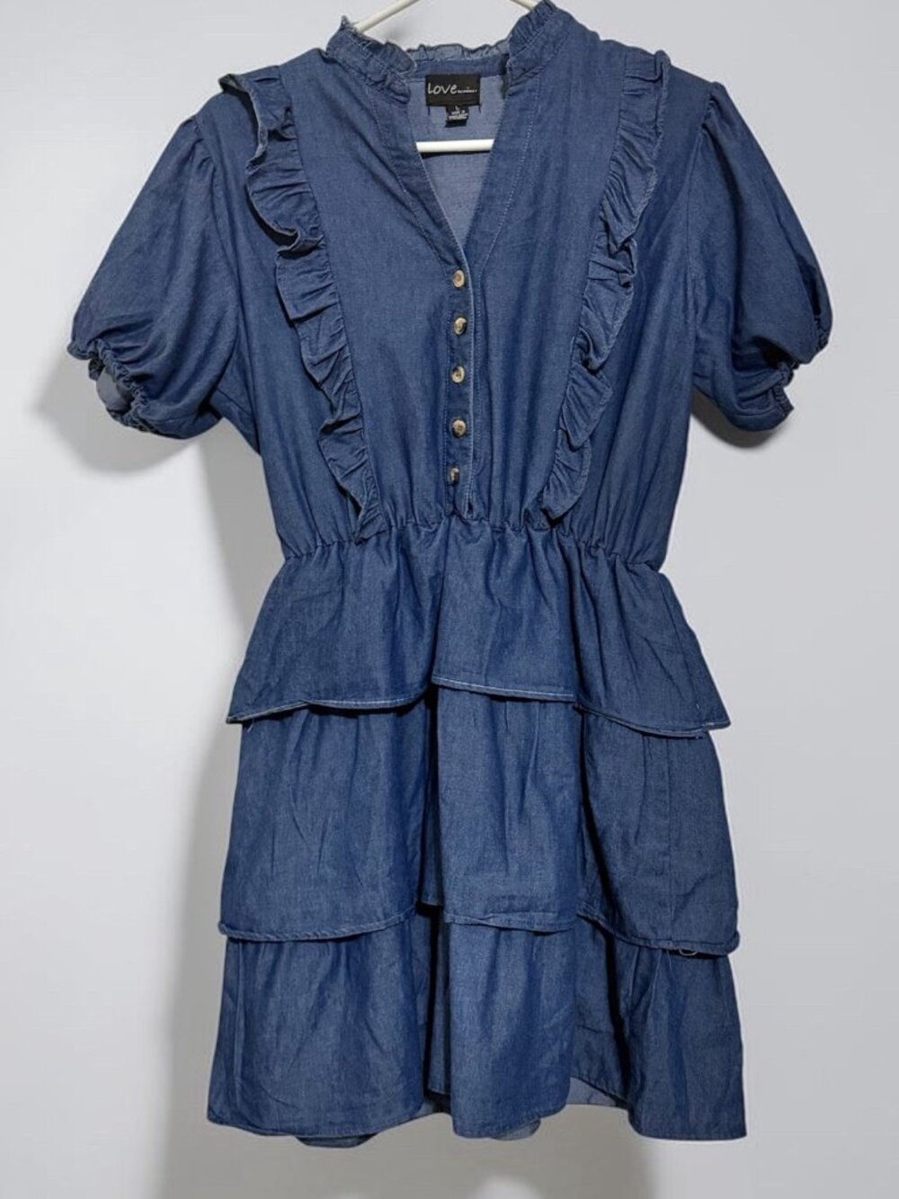 Love By Chesley Blue Chambray Dress Womens Large Ruffle Tiered Puff Sleeve Boho